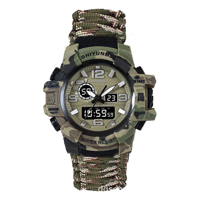 Men's Outdoor Survival Watch with Dual Display, Life-Saving Rope, Fire Starter, Whistle, and Compass