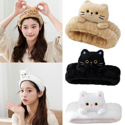 Roztomilé coral fleece čelenky Elastické kreslené kočičí make-up mycí obličejové čelenky Měkké nezanechávající obličejové lázeňské čelenky do vlasů Doplňky do vlasů
