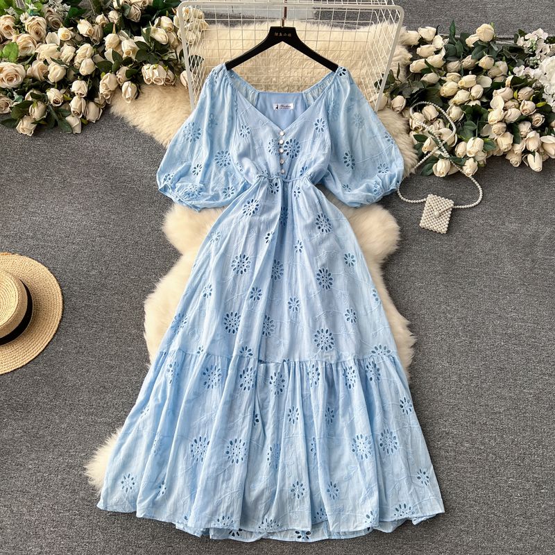 Retro Lantern Sleeve Heavy Industry Ruffles Dress Embroider