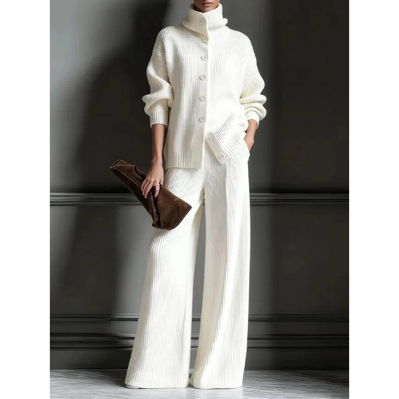 Autumn and Winter New High Collar Solid Color Cardigan Long Sleeve Top Wide Leg Pants Fashion Set Two Piece Set