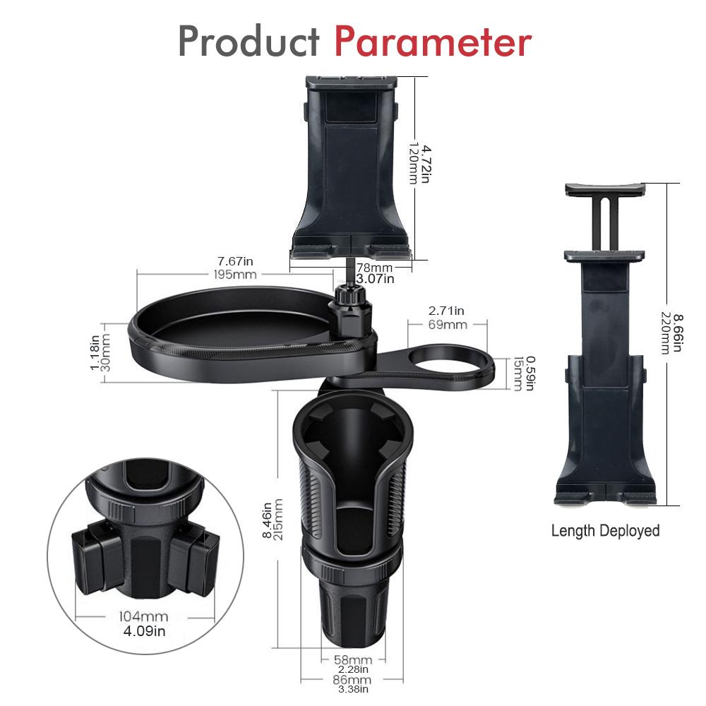 New Adjustable Car Cup Holder Tray with Phone Holder Food Tray Table 2 Cup Holders Road Trip & Car Traveling Essential Gadget