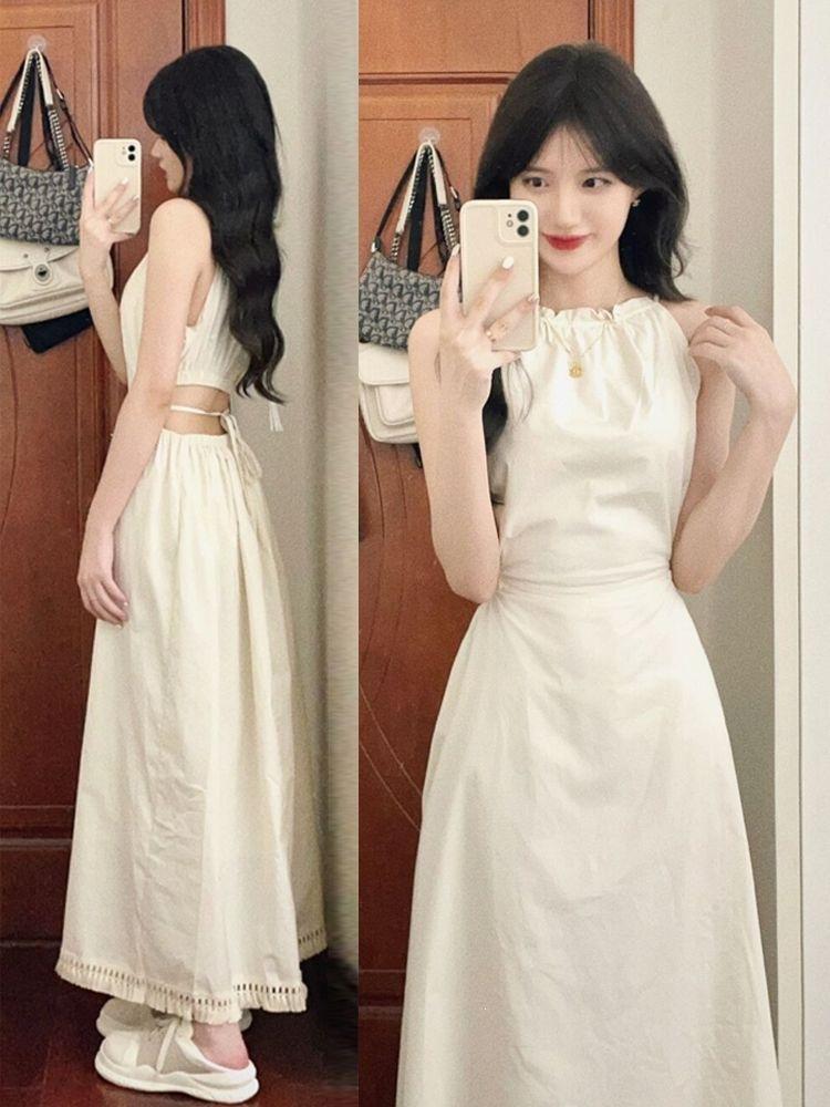 Design Sense French Niche Hollow Sleeveless Neck Sling Dress Backless Strap Gentle Wind Temperament Long Skirt
