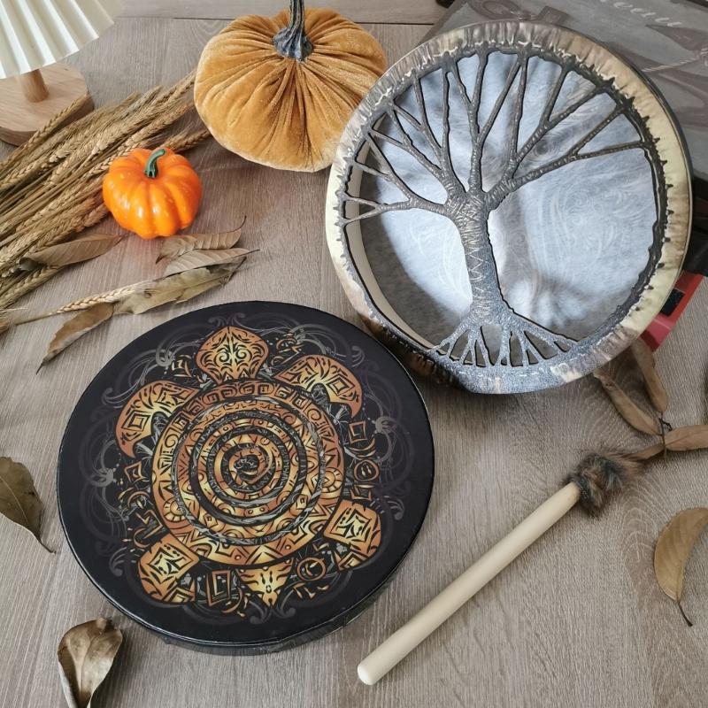 Unique Pattern Shaman Drum With Drumstick Siberian Drum Sound Healing Tool Home Ornament for Spiritual Music Meditation