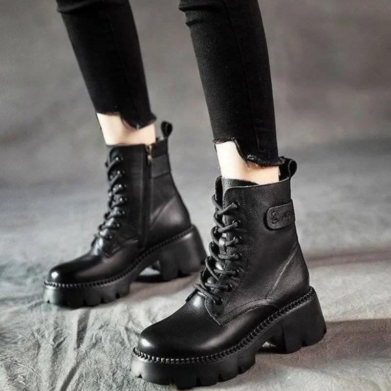 Trend Women Shoes Autumn Non-slip Leather Boots Zip Round Toe Shoes for Women Concise Leisure Sewing Platform Boots Botas Mujer