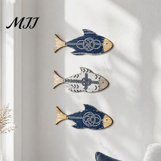 Ocean Inspired Home Accents 3Pcs/Set Wooden Fish Wall Decor, Nautical Knot Print Decorations, Coastal Beach House Ornaments Style Art for Bathroom