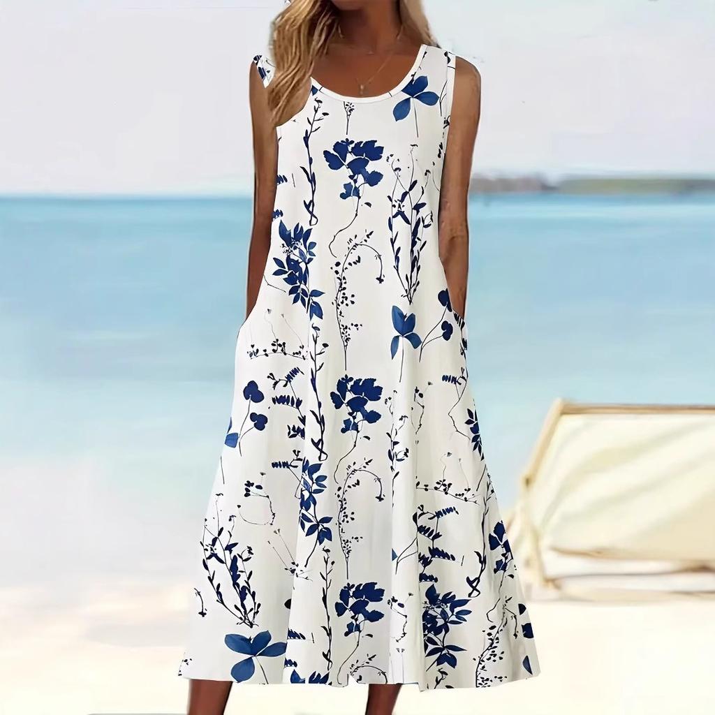 2026 New Women Floral Print Sleeveless Round Neck Midi Dress Casual Vacation A‑Line Dress For Europe & Middle East Market