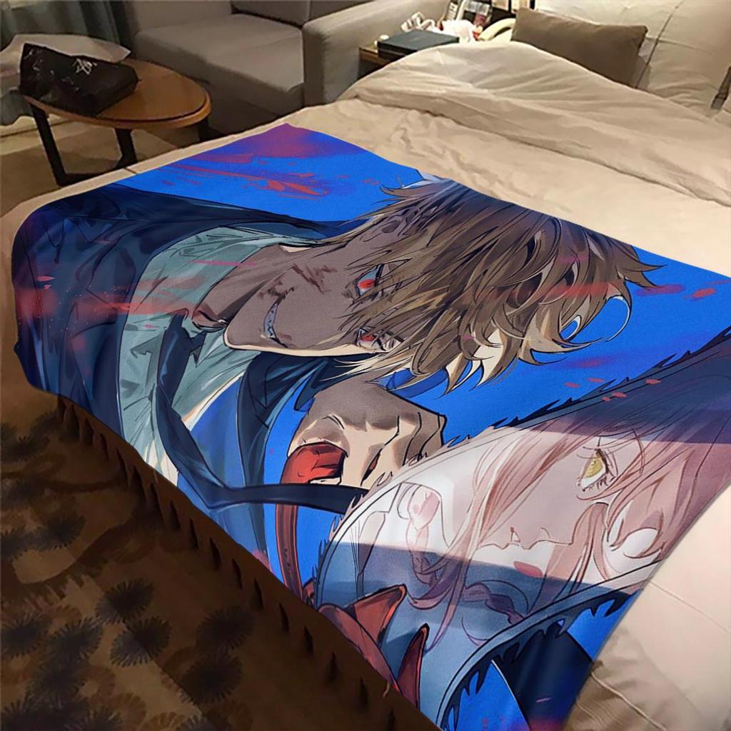 Anime Chainsaw Man Blanket Makima Pochita Power Character Flannel Blanket Comfortable Warm Blanket Gift for Family Friend