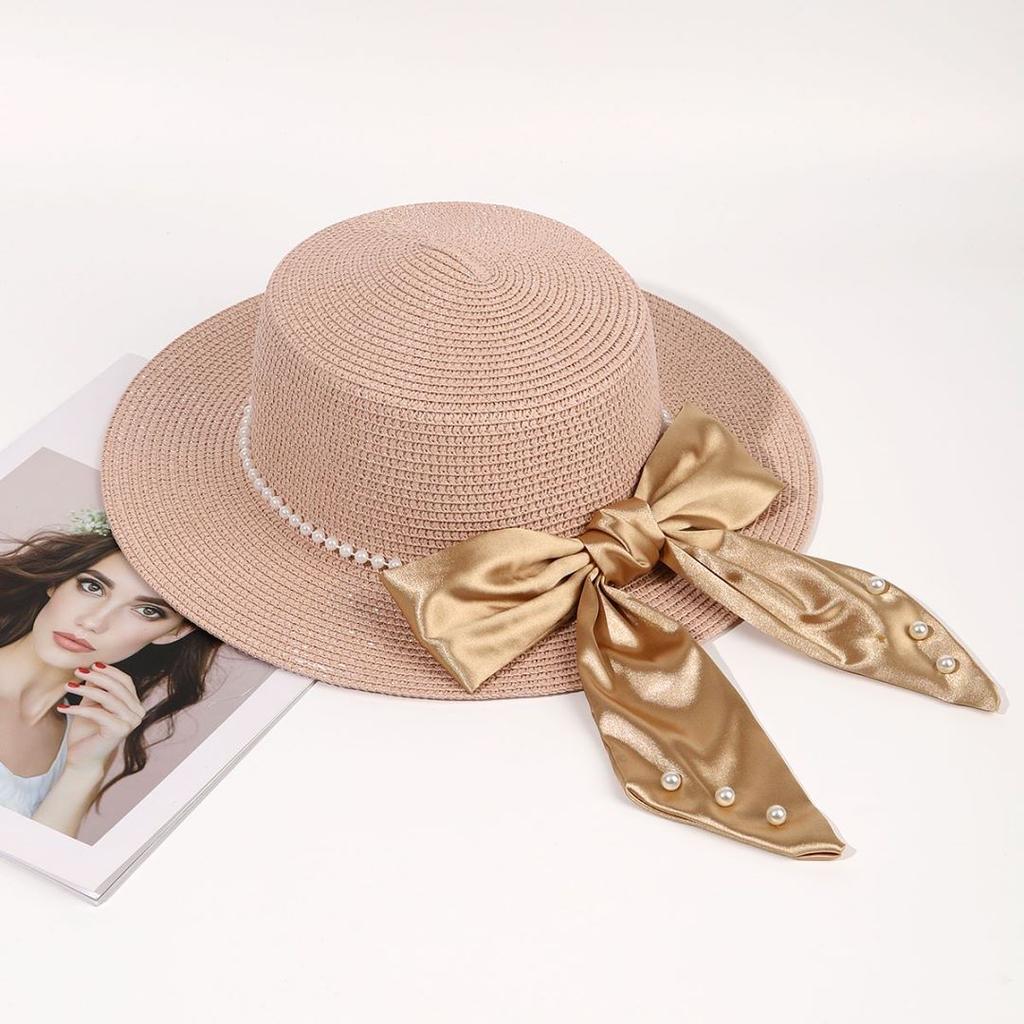 Spring and Summer Seaside Trip Beach Sunshade Sunscreen Hat UV Protection Sun Hat Pearl Bow Women Straw Hat