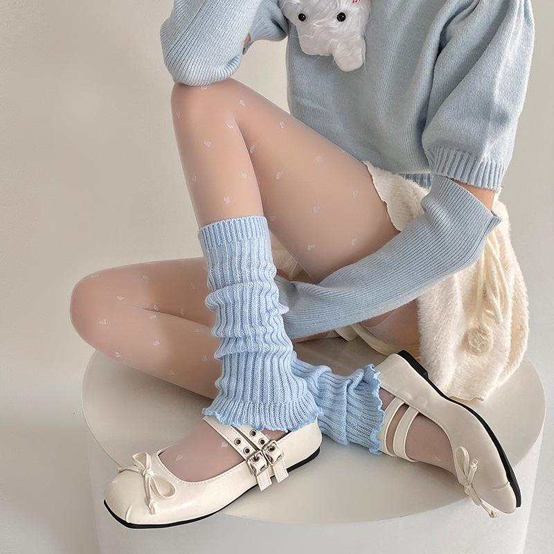 Socks College Style Spring And Autumn Medium Tube Stacking Socks Solid Color Lace Lolita Wool Leg Cover