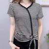 Striped V-neck T-shirt Korean Summer Style Slanted Button Irregular Hem Fashionable Shirt Slim Drawstring Top Women