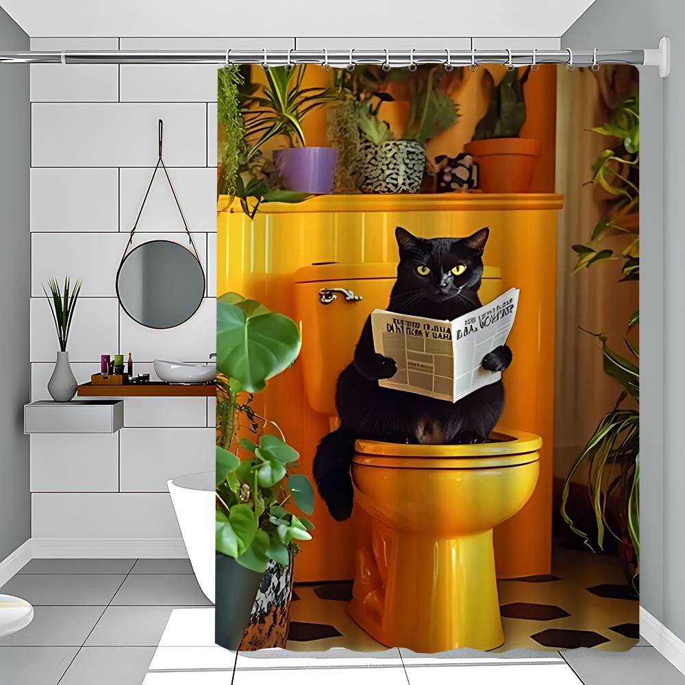 Bathroom Cat Reading On Toilet Shower Curtain - Water-Repellent And Leak-Resistant, Mold And Mildew Resistant For