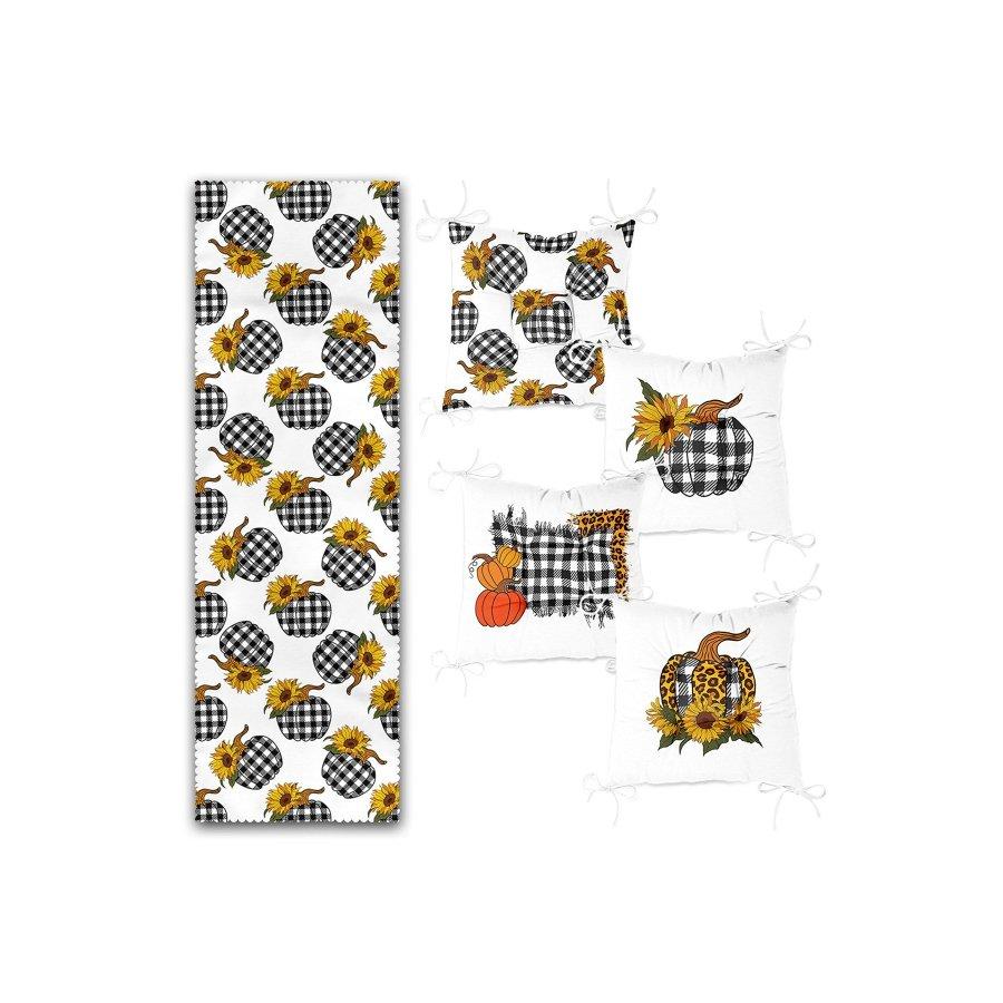 Chair Cushion Set / Digital Printed 4 Pieces 40×40cm Square Chair Pillows and 1 Piece Runner