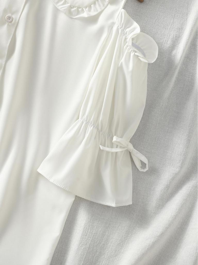 Versatile Ruffle Doll Collar Blouse - Women's Short-Sleeve, Pleated, Loose Fit, Solid Color