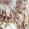 Romantic French Chiffon Print Ruffled Dress with Cinched Waist and Pleated Wide Hem