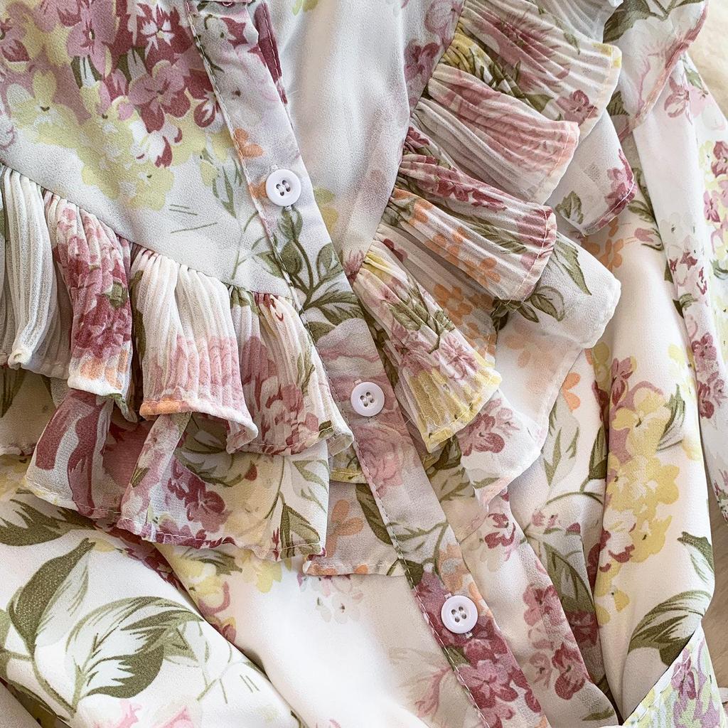 Romantic French Chiffon Print Ruffled Dress with Cinched Waist and Pleated Wide Hem