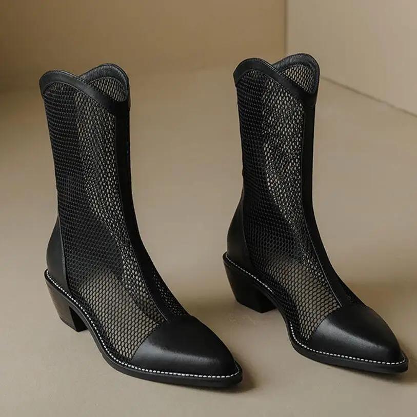 Fashion New Fashion Mesh Sandals Boots Women Mid Heels Shoes Sexy Hollow Out Summer Botas Pointed Toe Heeled Sandals Chaussures Femme