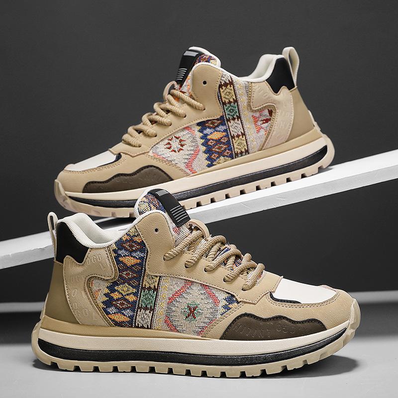 National style embroidered dad shoes men's autumn new comfortable cloth versatile high-top outdoor light casual men's shoes