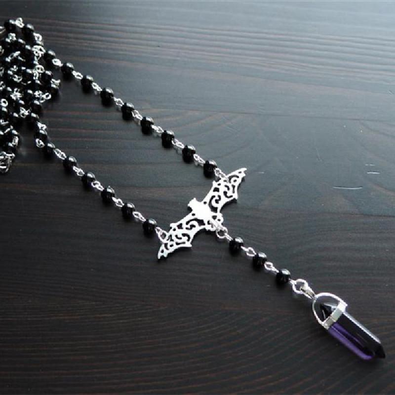 Hexagonal Pillar Bat Hollow Zinc Alloy Pendant Black Beaded Choker Gothic Elegant Jewelry Necklace Party Neck Accessories for Women