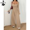 Moda Feminina Casual Primavera Outono Cor Sólida Estampa Manga Longa Gola Quadrada Cintura Alta Calças Macacões