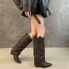 Earth Style Fiber Leather High-heeled Trouser Boots Women's Long Black Boots Autumn and Winter New Thick Heel Pointed Knight Boots