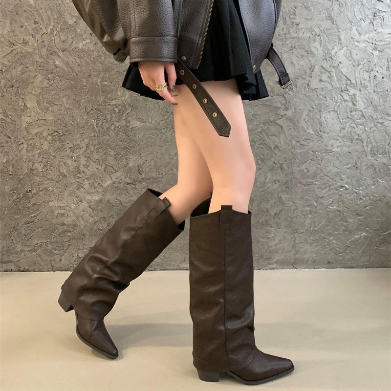 Earth Style Fiber Leather High-heeled Trouser Boots Women's Long Black Boots Autumn and Winter New Thick Heel Pointed Knight Boots