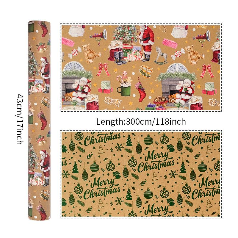 Vintage Kraft Christmas Gift Wrapping Paper Double Sided Print Kraft Roll Pine Tree Reindeer DIY Present Packaging Sheet