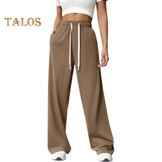 Pantaloni pentru femei cu talie înaltă elastică, cu șnur reglabil, pantaloni drepti cu picior largi, cu buzunare, pantaloni casual de culoare uni