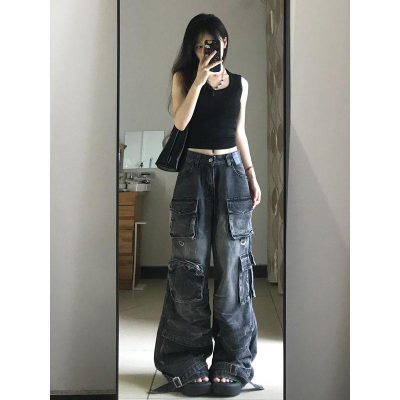 

Fashion Retro Heavy Industry Washed Cargo Pants Female 2025 Summer Sexy Hiphop Hip Hop Multi-Pocket Mop Trousers Cargo Pants [black Gray]] S