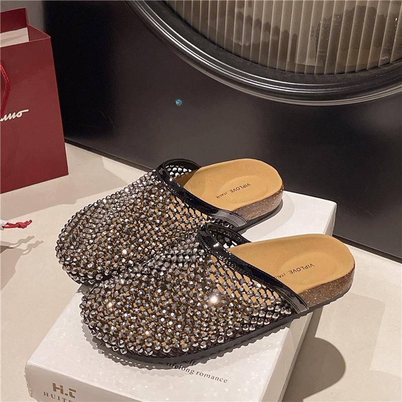 Rhinestone Mesh Bag Head Half Slippers Women's 2025 Summer New Fashion Versatile Lazy Office One Foot Cool Slippers
