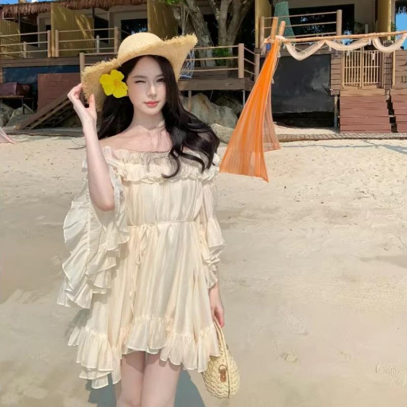 

One-word shoulder tube top dress niche design beach skirt ruffle edge temperament short skirt women s summer S абрикосовый