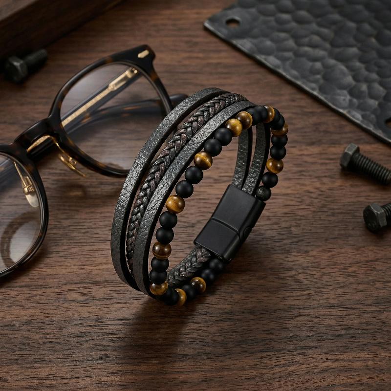 Beads Leather Bracelet Men Classic Tiger Eye Beaded Multi Layer Leather Bracelet For Men Jewelry Gift