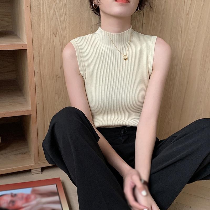 Small Sling Female Summer Wear Retro Hong Kong Flavor Matching Suit Sleeveless Top Simple Inner Base Knitted Vest