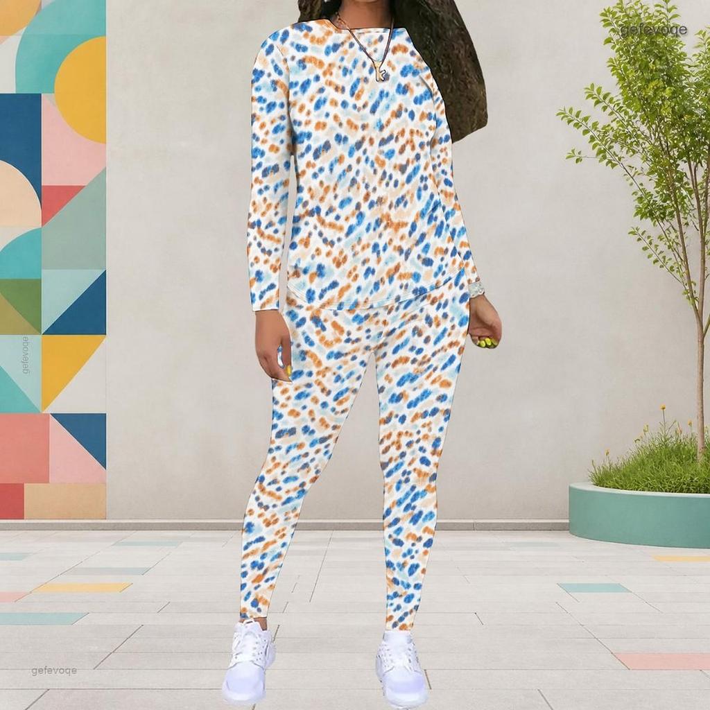 Women Plus Size Patchwork Printed Round Neck Long Sleeve Top And Fitted Pants Two Piece Set