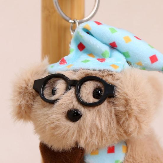 Sleeping Glasses Dog Plush Keychain Cute Puppy Backpack Charm with Wizard Hat & Bib Soft PP Cotton Stuffed Doll Gift for Dog Lovers