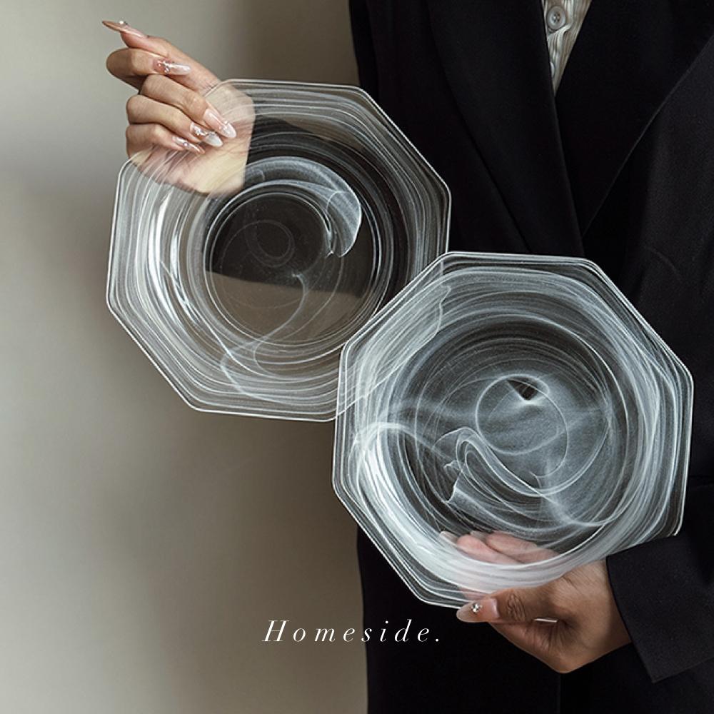 Cloud Mist Salad Plate Ins Glass Octagonal Plate Art Dining Plate Cloud and Mist Pattern Western Salad Fruit Plate
