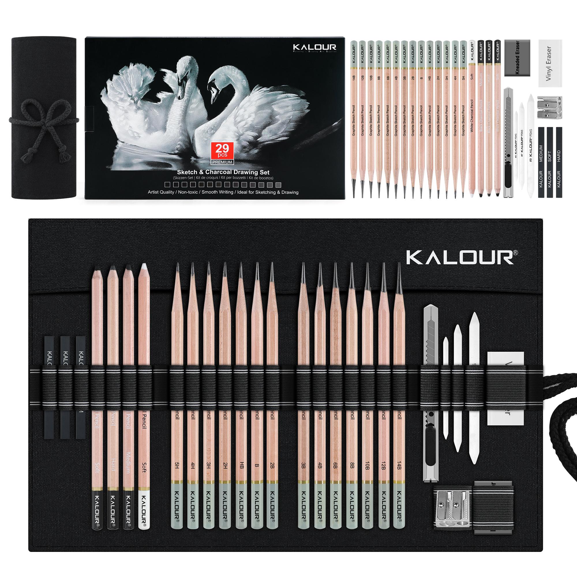 Hot Sale KALOUR Brand New Product 29pcs Graphite Pencil and Sketch Pencil Drawing Set in Wrapped Nylon Case and Color Paper Box 14hardness
