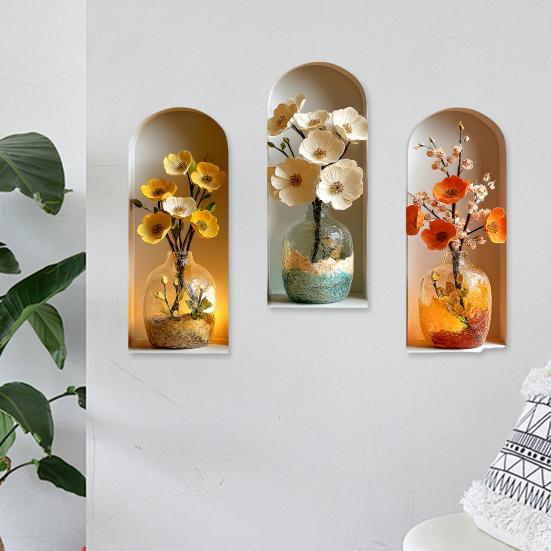 3 Pcs 3D Flower Vase Wall Stickers Faux Flower Wall Art Self-Adhesive Floral Blossom Wall Decals for Bedroom Living Room