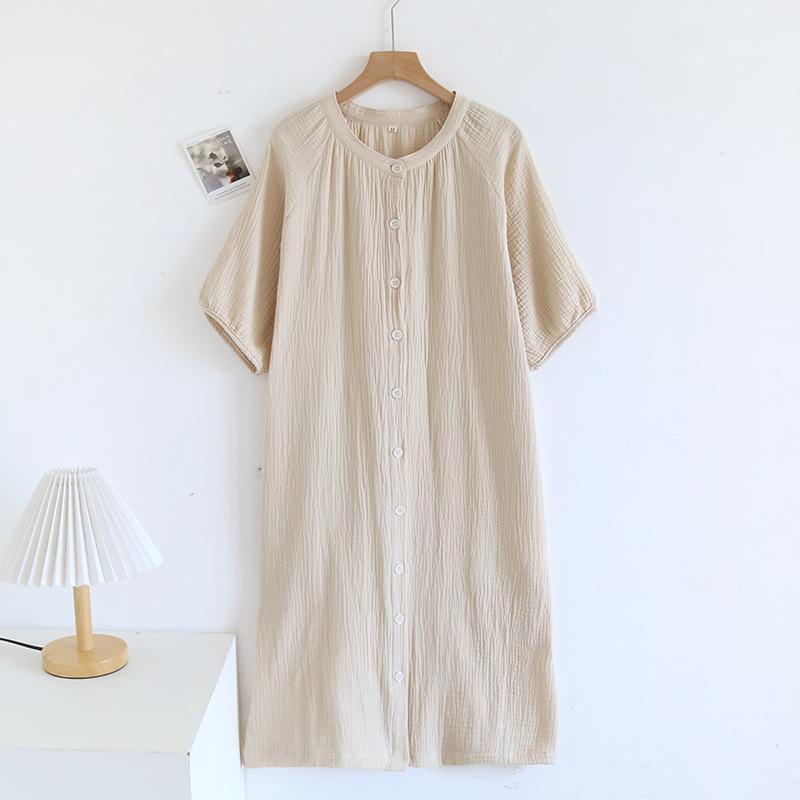 Summer Mid-long Style Women's Short Sleeved Pajamas Nightgowns Thincotton Cardigan and Round Neck Simple Solid Color Sleep Dress