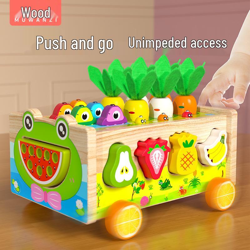 

Wooden Frog Pond Farm Trailer: Multifunctional Educational Toy with Building Blocks, Fishing, and Pulling Radishes for Children