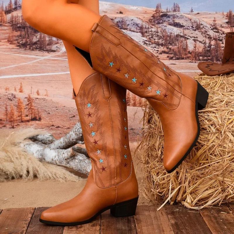 Fashion Winter New Coarse Heel Cotton Boots Women's Pointed Embroidery Sleeve Anti-slip Wear-resistant High Boots