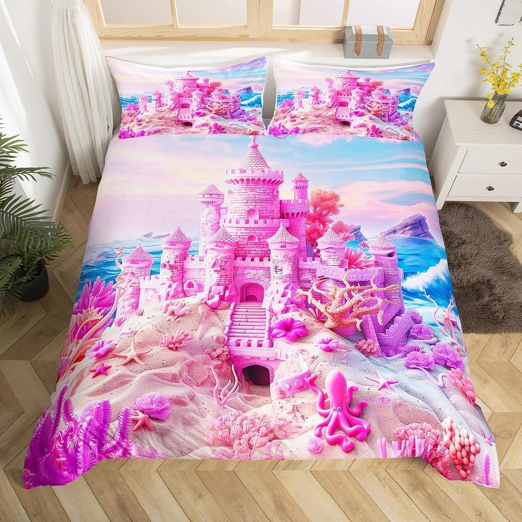 Comforter Fantasy Castle Princess Queen King Size For Kids Girls Fairy Tale Themed Princess Bedding Set 3 Piece Set