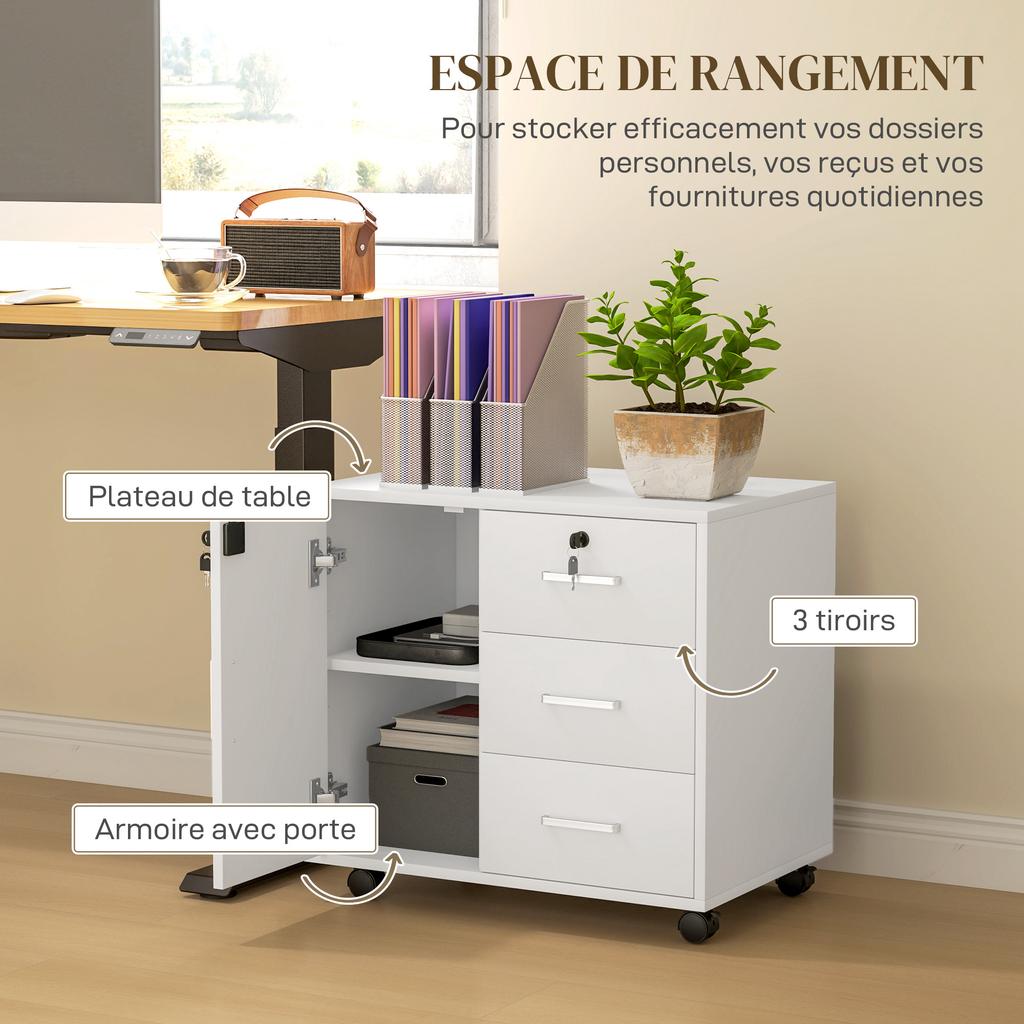 Office Pedestal Lockable Storage Unit with 3 Drawers and Adjustable Shelf, Wheels, 40 X 60 X 56 Cm, White