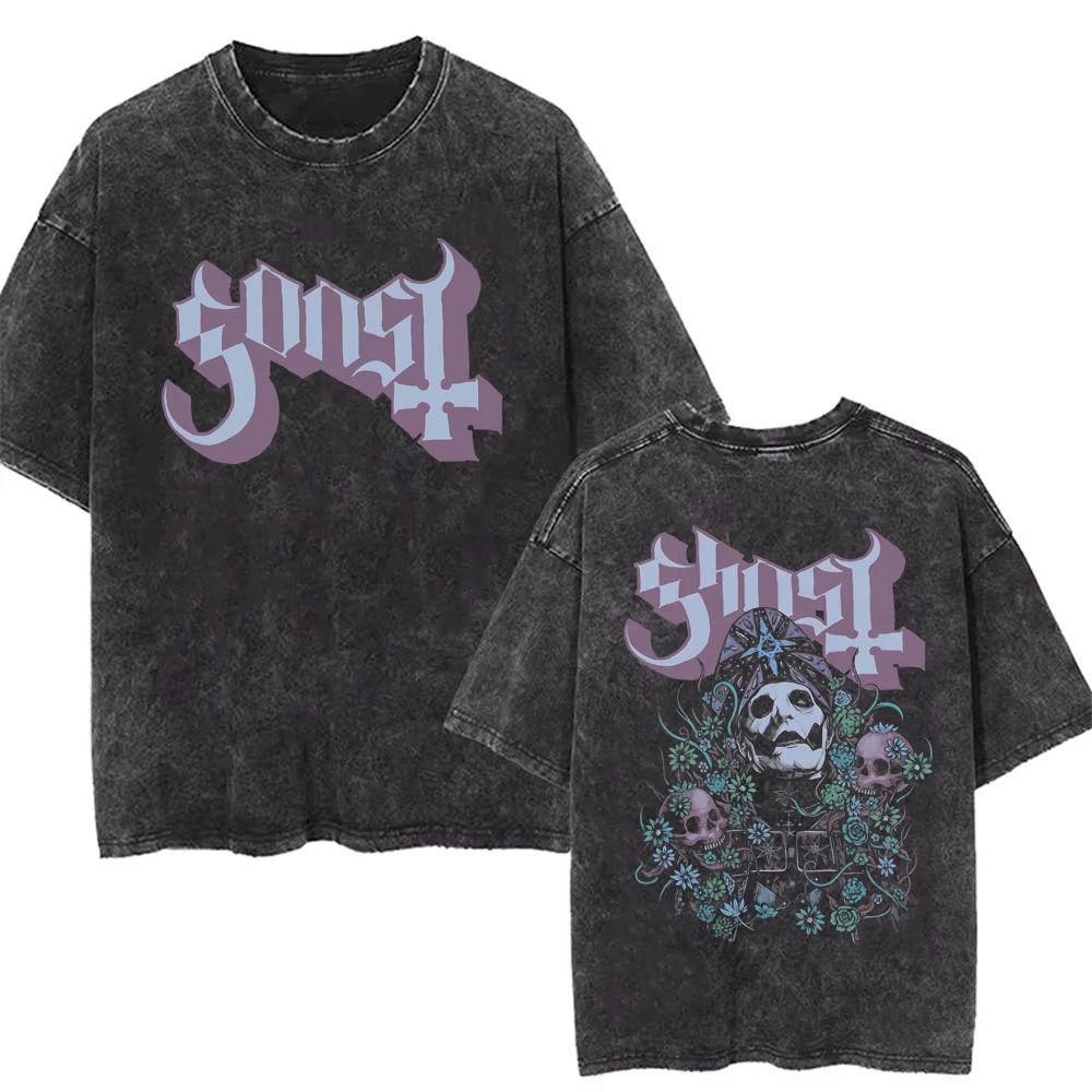 Washed Vintage Ghost Band T-shirt Men's Women's Summer Oversized Tshirt Male 90s Gothic Streetwear Men Women Rock Metal Music T Shirts