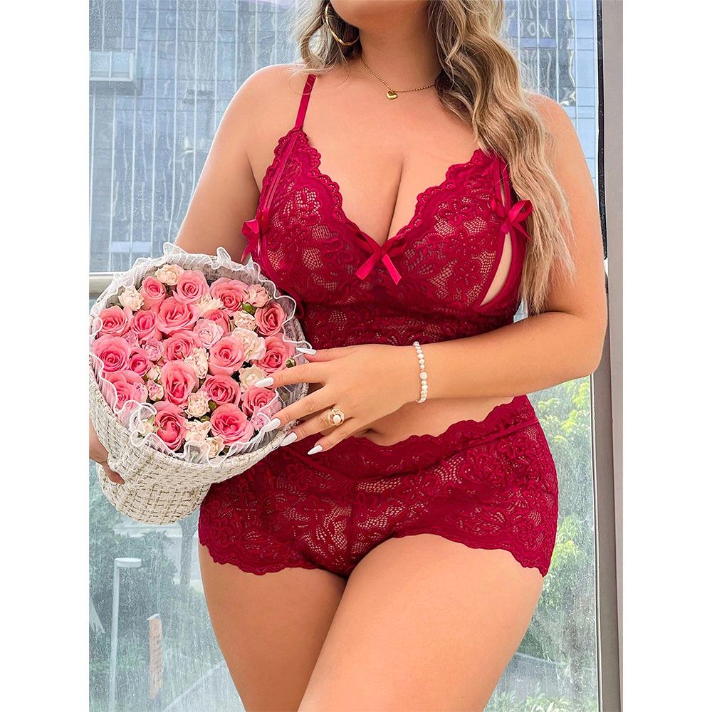 "Plus-Size Lace Lingerie Set: Sexy See-Through Temptation Body Shaper with Thong"