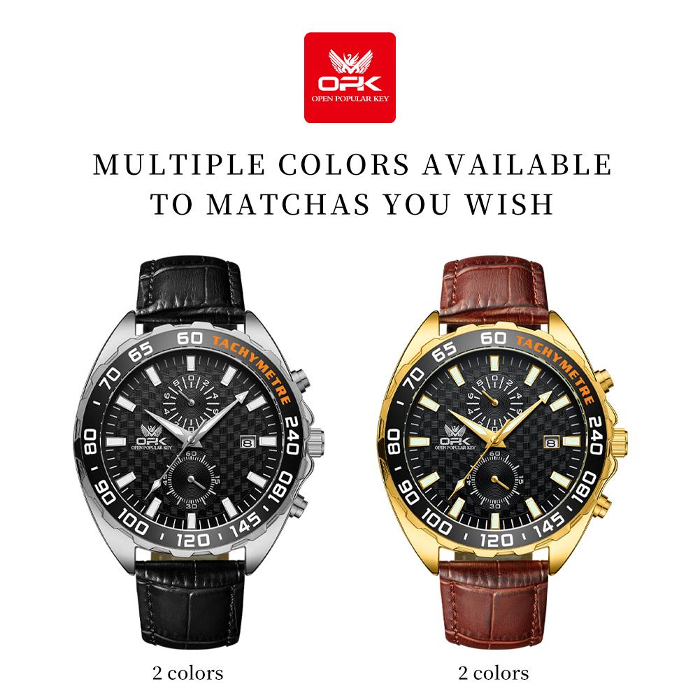 OPK 8163 Quartz Watch for Man 46mm Big Dial Leather Strap Tachymeter Auto Date Chronograph Men's Watches Waterproof Sports Watch