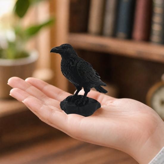 Nostalgie 3D Printed Crow Statue, Gothic Dark Academia Bird Sculpture, Matte Black Raven Figurine, Stable Rock Base for Desk Display Cabinet,