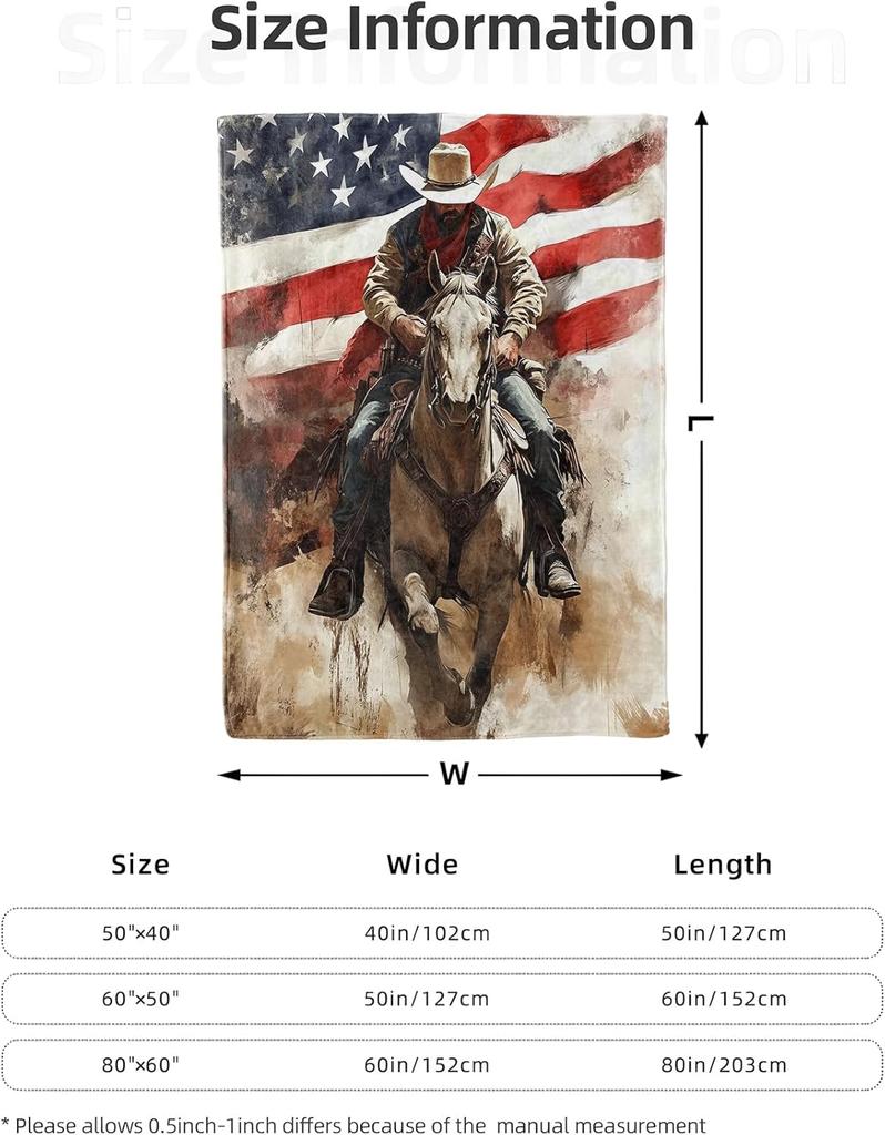 Cowboy Horse American Flag Blanket 50X60 In, Flannel Throw Blankets for Travel Camping Sofa Living Room Decor, Lightweight Cozy