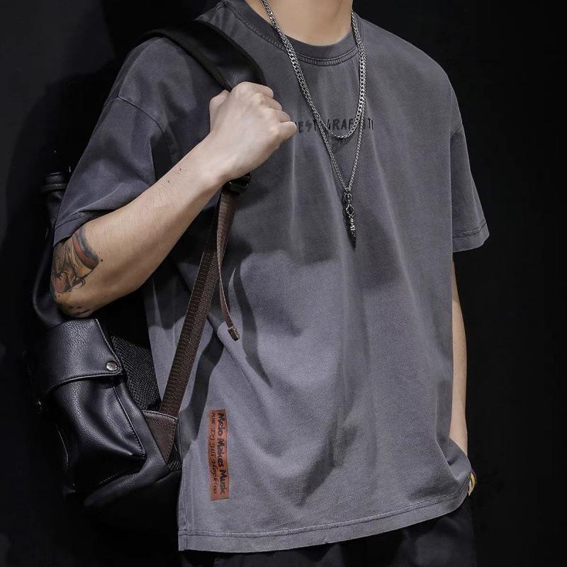 American Trendy Japanese and Korean Trendy Brand Half Sleeve Retro Nostalgic Short Sleeve T-shirt for Men Summer Loose Business Round Neck