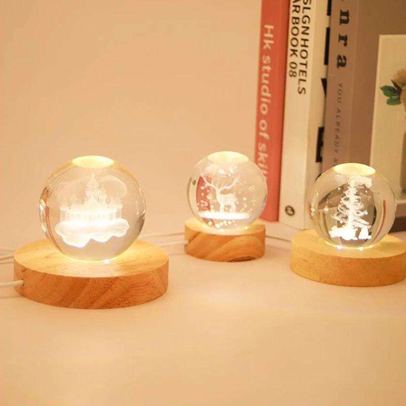 8cm Battery Operated Round Wooden WarmLight Dispaly Base Stand Holder able LED Night Lamp Base Crystal Glass Resin Art Ornaments