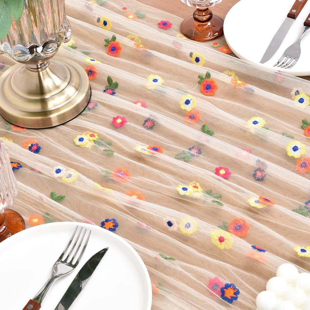 Champagne Embroidery Daisy Spring Summer Table Runner Florals Seasonal Easter Tulle Table Runner Holiday Kitchen Dining Table